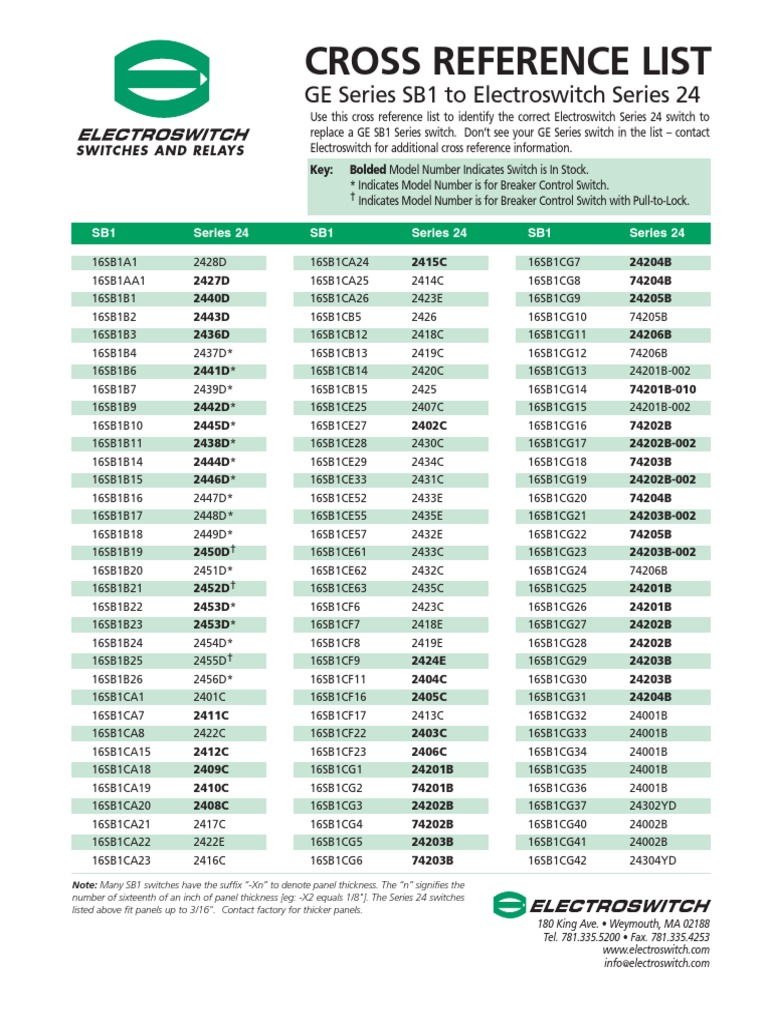 Cross Reference List for Replacing GE Series SB1 and SBM Switches with