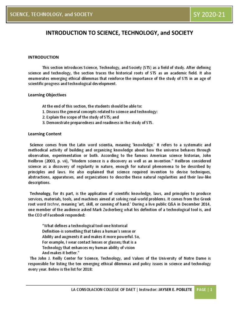 STS 1.1 Introduction To Science Technology and Society | PDF | History ...