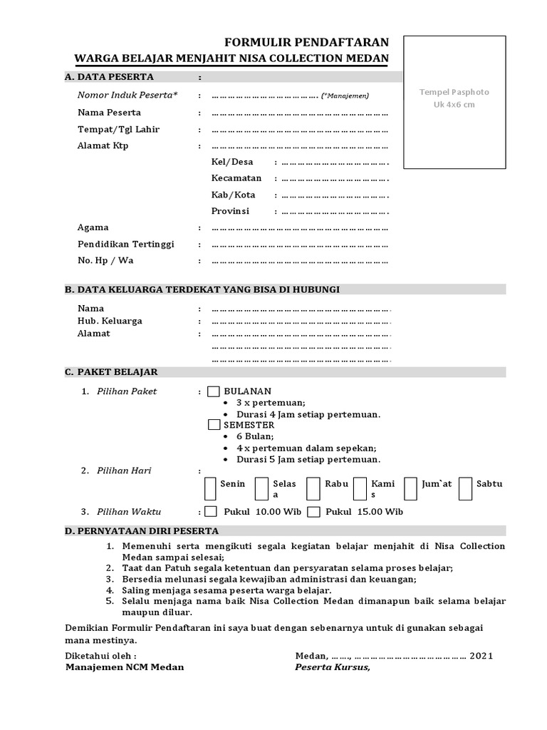 Contoh Formulir Pendaftaran Kursus Menjahit PDF