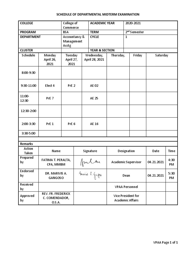 BSA 2021 Midterm Exam Schedule | PDF