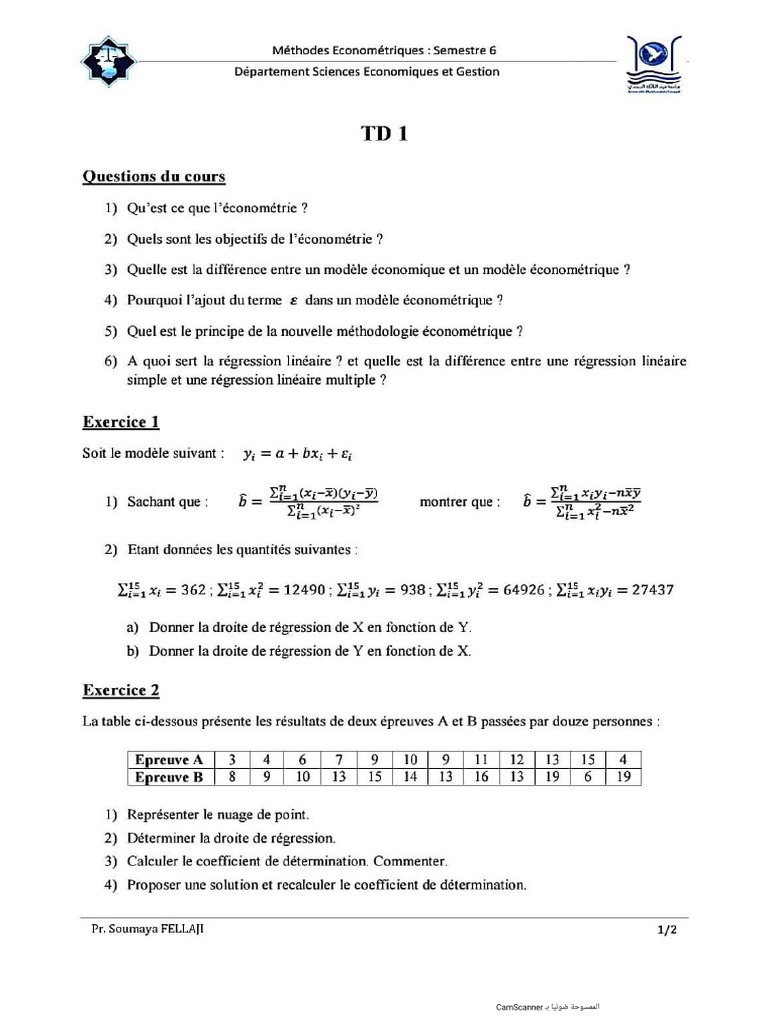 Corrigé TD1 (Econometrie - Fellaji) Oulihem | PDF
