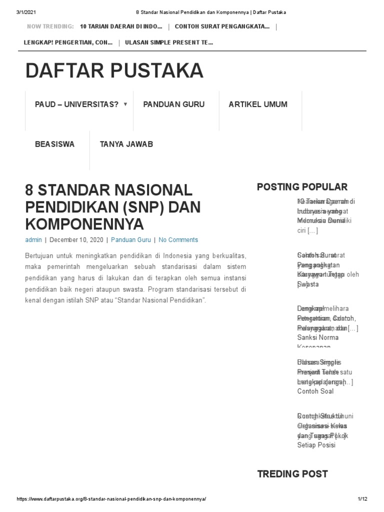 8 Standar Nasional Pendidikan Dan Komponennya Daftar Pustaka Pdf