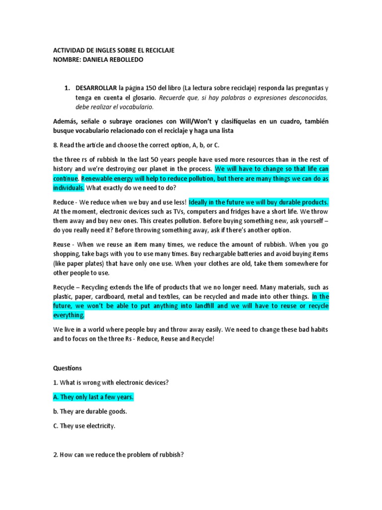 Actividad de Ingles Sobre El Reciclaje PDF Reuse Recycling