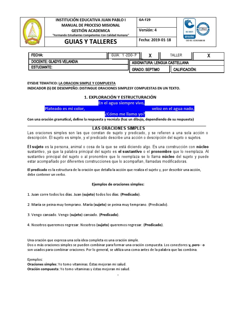 Guía de Oraciones Simples y Compuestas | PDF | Asunto (gramática ...