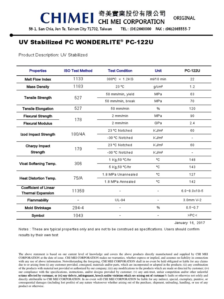 Pc-122Uの詳細物性値 | Pc 122U 物性値 _ WONDERLITE® PC Resin — CHI MEI ...