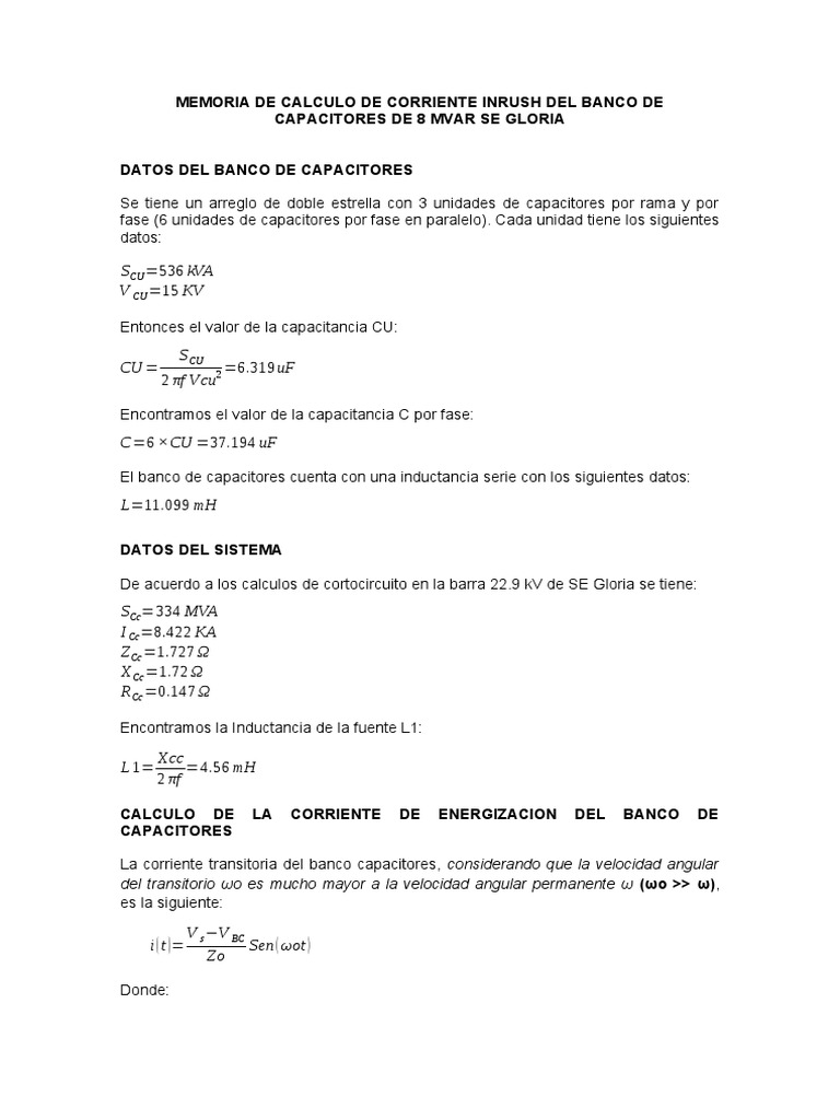 Cálculo de Corriente Inrush en Banco de Capacitores | PDF | Ciencia y ...