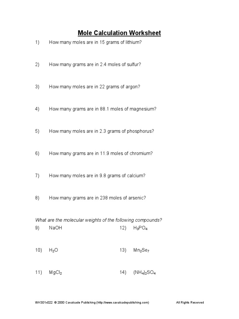 Molar Calculation Worksheet Pdf