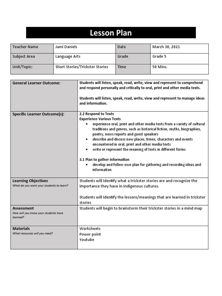 Lesson Plan: General Learner Outcome | PDF