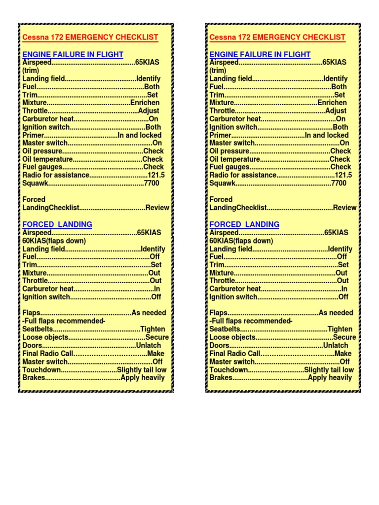 Cessna 172 EMERGENCY CHECKLIST PDF Carburetor Throttle