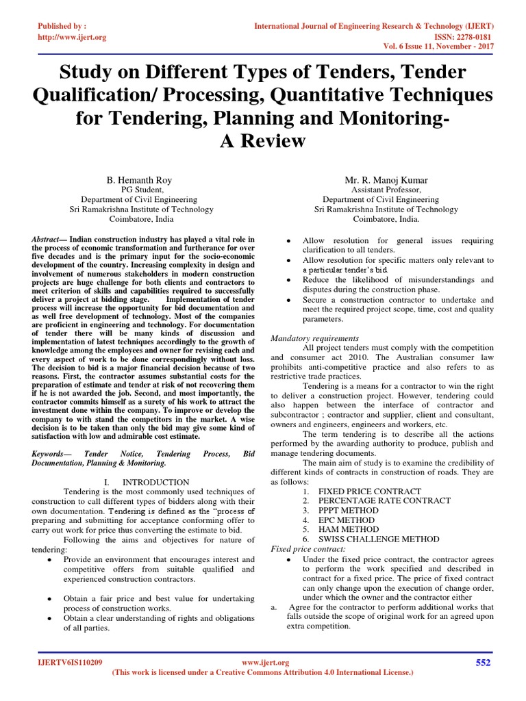 Types of Tenders in Construction Projects | PDF