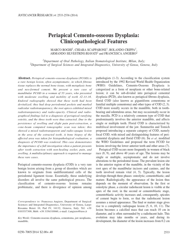 Periapical Cemento-Osseous Dysplasia Clinicopathological Features | PDF