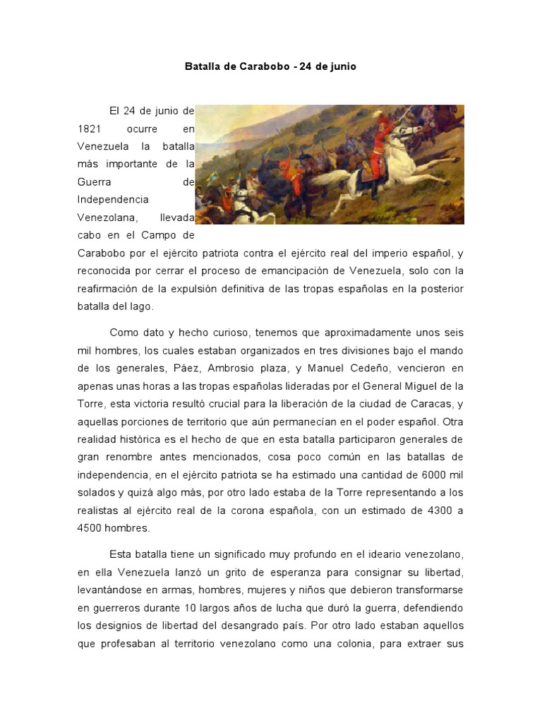 Batalla de Carabobo: Emancipación Venezolana | PDF | Viajes y turismo ...