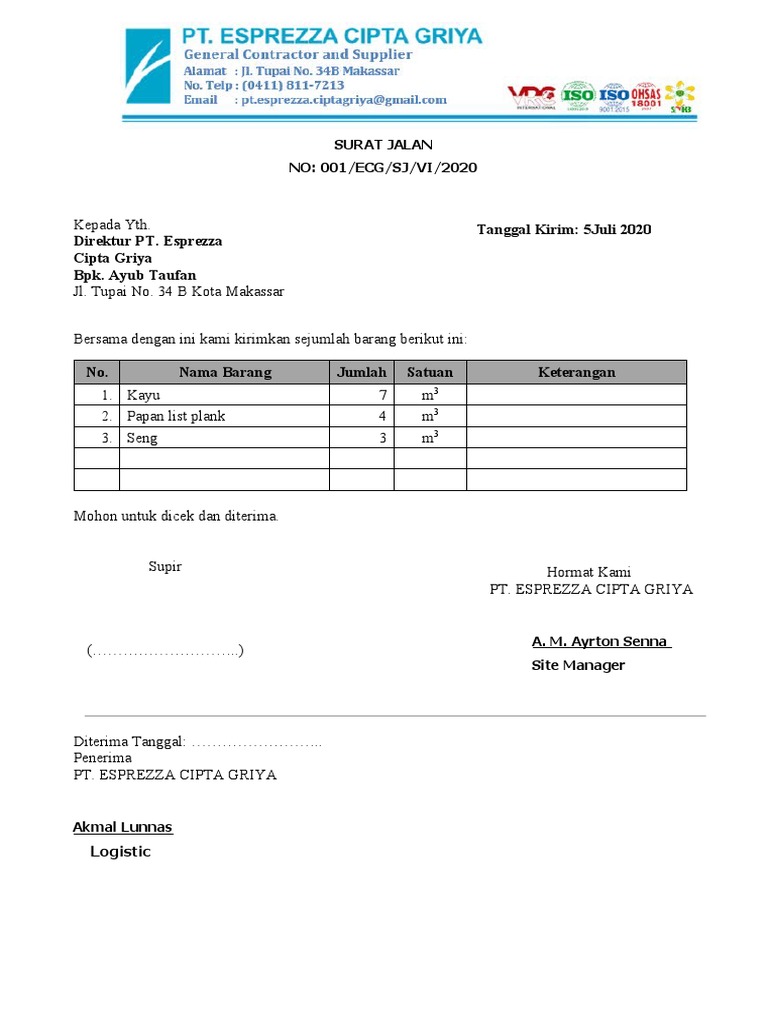 Contoh Surat Jalan Pengiriman Barang Surat Pengantar Barang Pdf