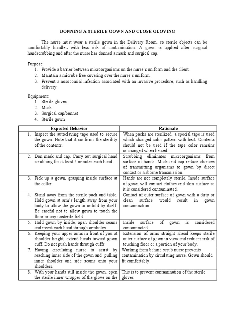 Delivery Room Donning A Sterile Gown and Closed Gloving Checklist PDF