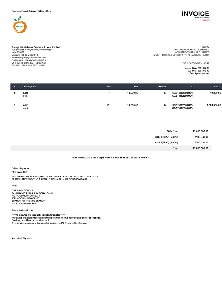 Invoice: Orange Bio Science Products Private Limited Bill To | PDF ...