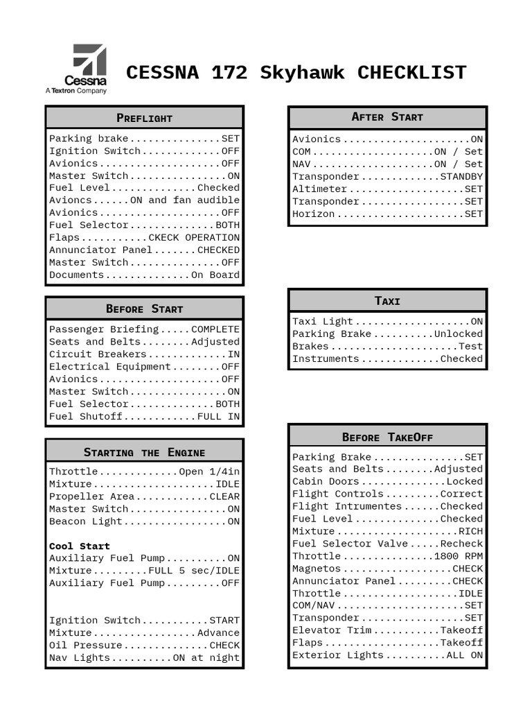 Cessna 172 Checklist | PDF | Takeoff | Transport