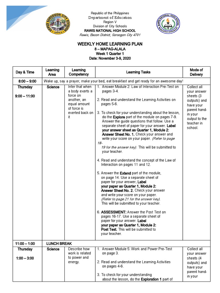 Weekly Home Learning Plan for Science | PDF | Teachers | Learning
