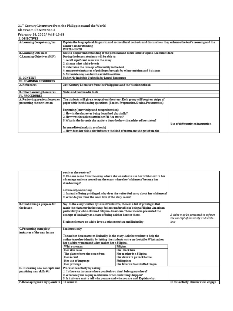 Cot 3 Under My Invisible Umbrella PDF Differentiated Instruction Behavior Modification
