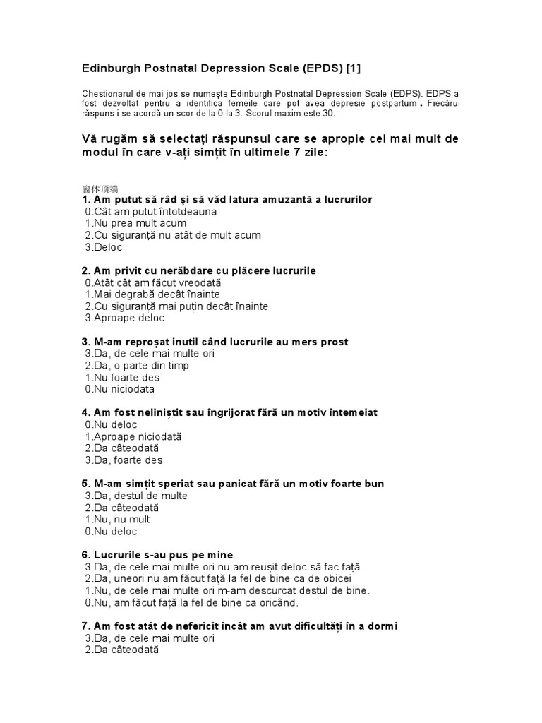 Edinburgh Postnatal Depression Scale | PDF