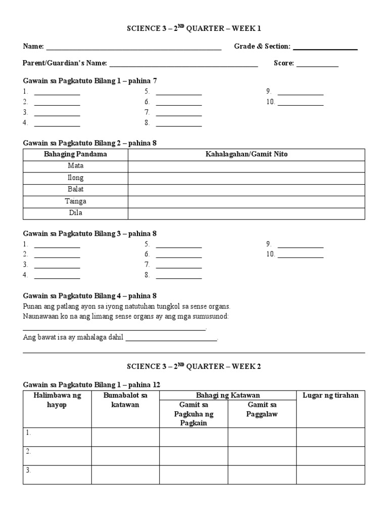 Grade 3 - Answer - Sheet - Q2 - Science - Week1 | PDF