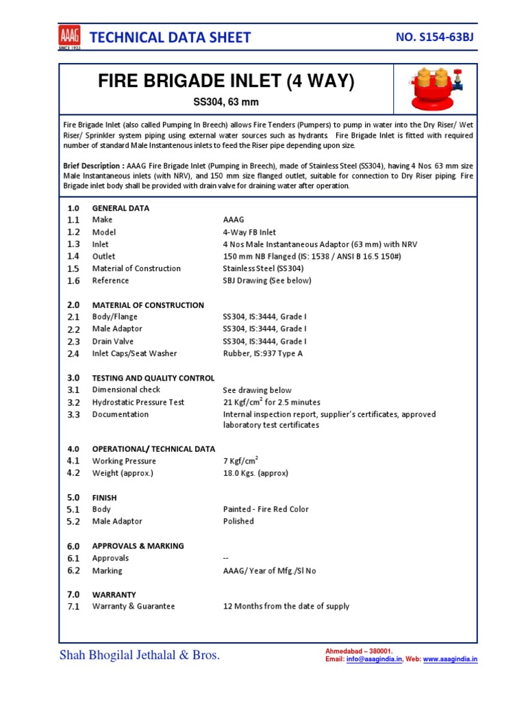 4-Way Fire Brigade Inlet Specifications | PDF | Manufactured Goods ...