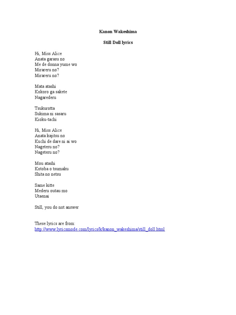 Kanon Wakeshima Still Doll Lyrics PDF Art