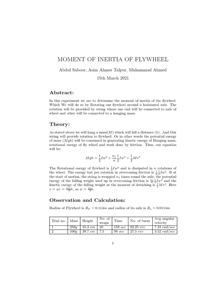 Flywheel Moment of Inertia Experiment | PDF