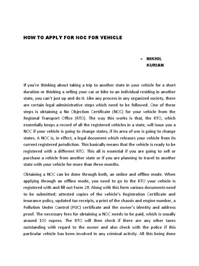 Noc For Vehicle PDF Vehicles Business