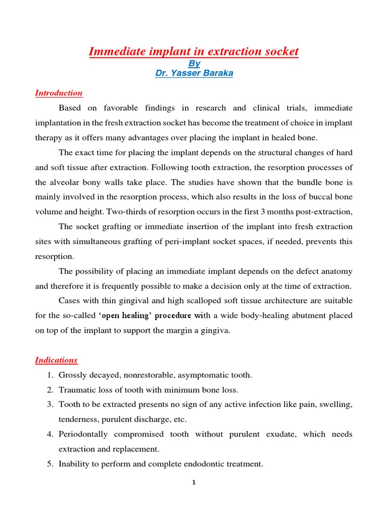 Immediate Implant in Extraction Socket: by Dr. Yasser Baraka | PDF ...