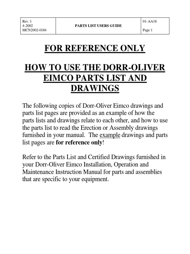 For Reference Only How To Use The DorrOliver Eimco Parts List and