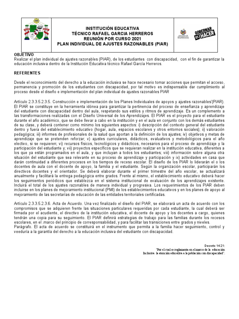 Plan Individual de Ajustes Razonables (PIAR) | PDF | Salón de clases ...