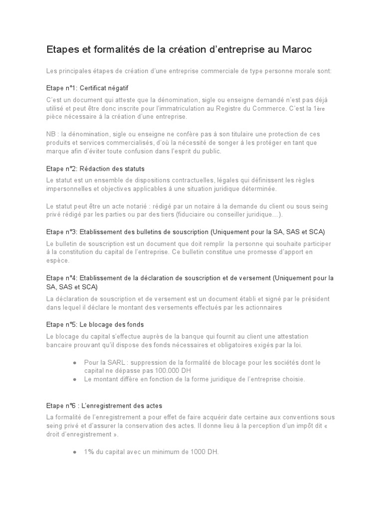 Etapes Et Formalités de La Création D'entreprise Au Maroc | PDF ...