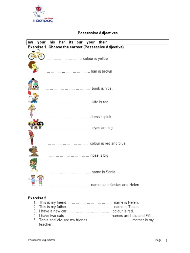 Possessive Adjectives My Your His Her Its Our Your Their Exercise 1 ...
