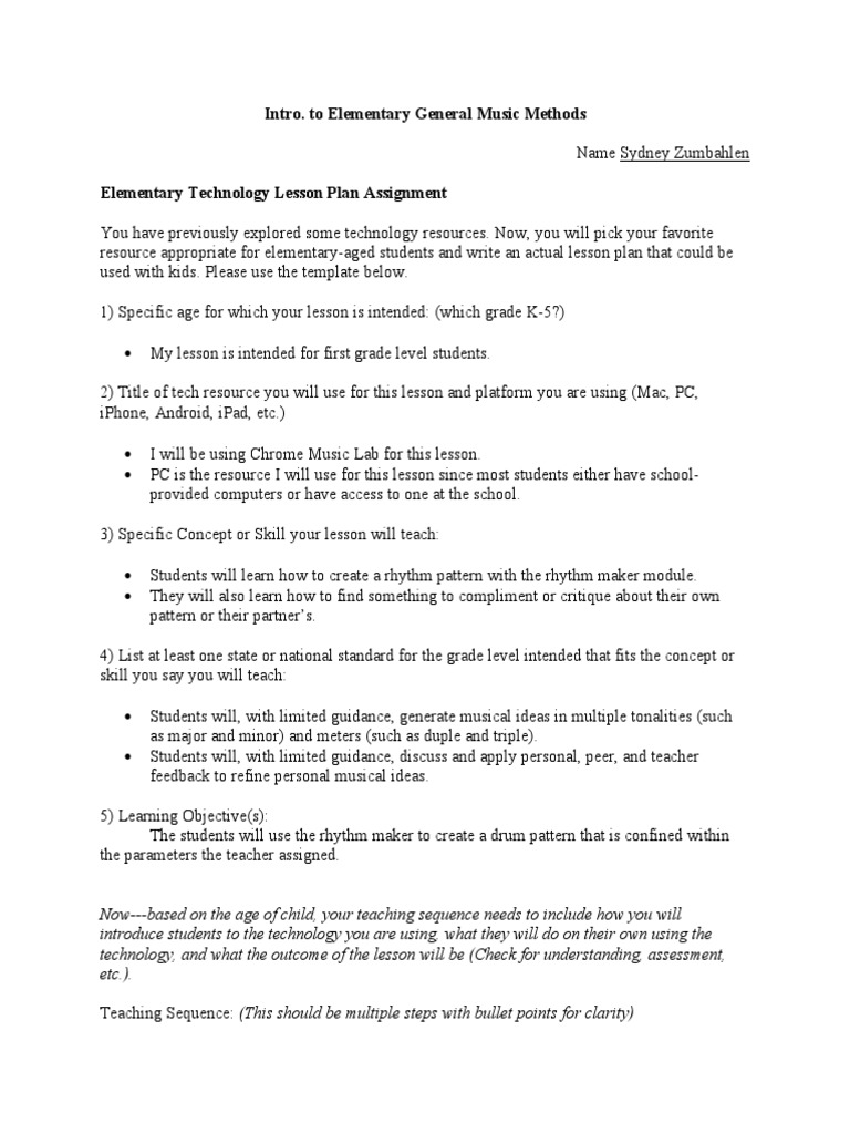 First Grade Tech Music Lesson Plan | PDF | Lesson Plan | Pedagogy