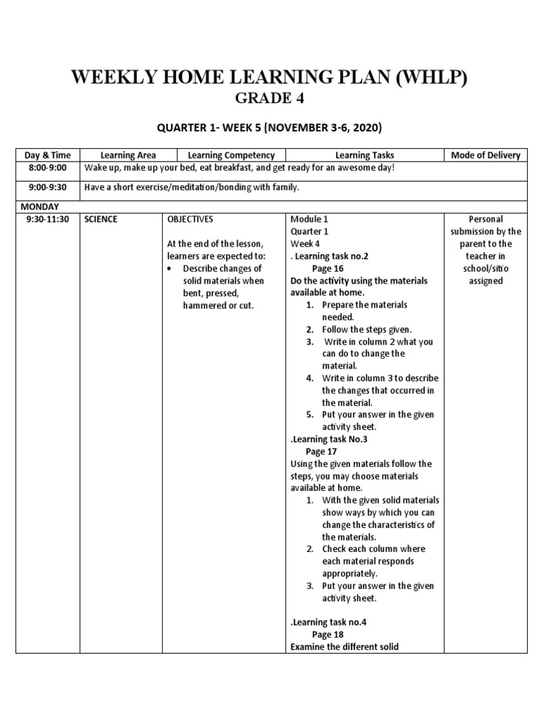 Grade 4 Weekly Home Learning Plan | PDF | Learning | Communication
