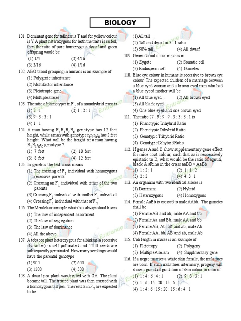AFMC TOELR Exam Sample Questions | PDF | Dominance (Genetics) | Zygosity