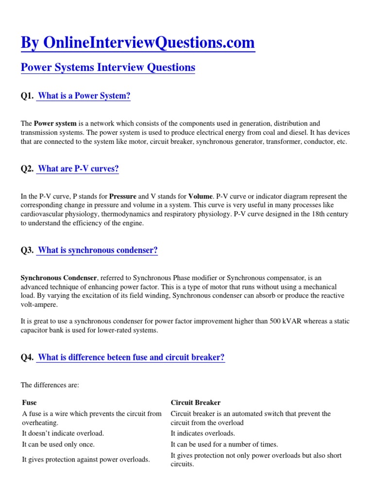 Power Systems Interview Questions PDF Energy Development Electric
