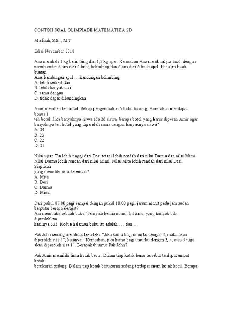 Contoh Soal Olimpiade Matematika Sd Pdf