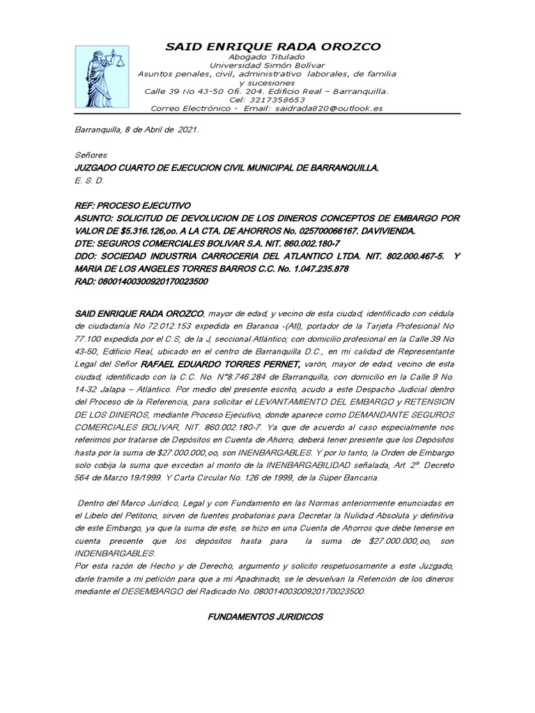 Solicitud de Desembargo de Dinero | PDF | Gobierno | Justicia