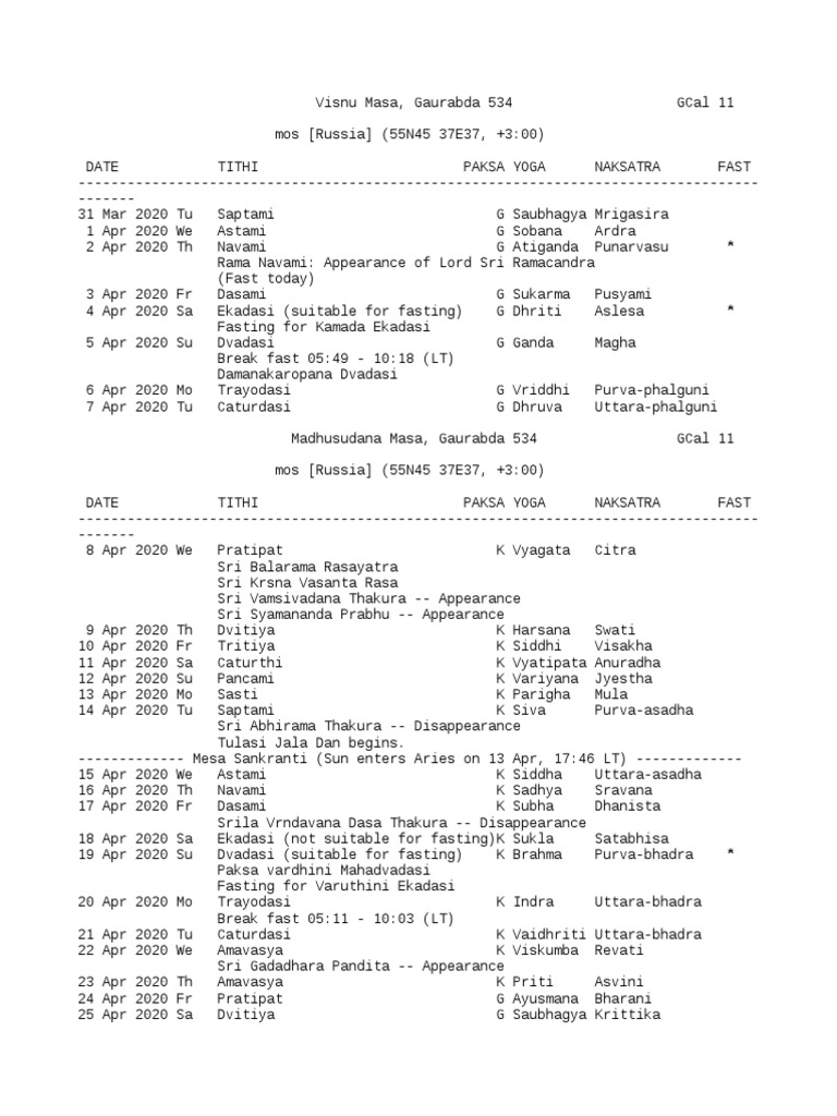 Vaishnava Calendar Moscow 20202025 Download Free PDF Theistic
