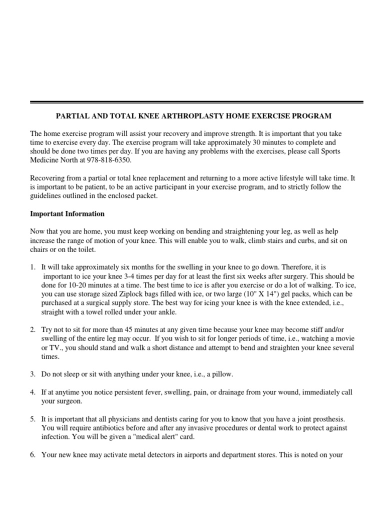 Partial and Total Knee Arthroplasty Home Exercise Program | PDF ...