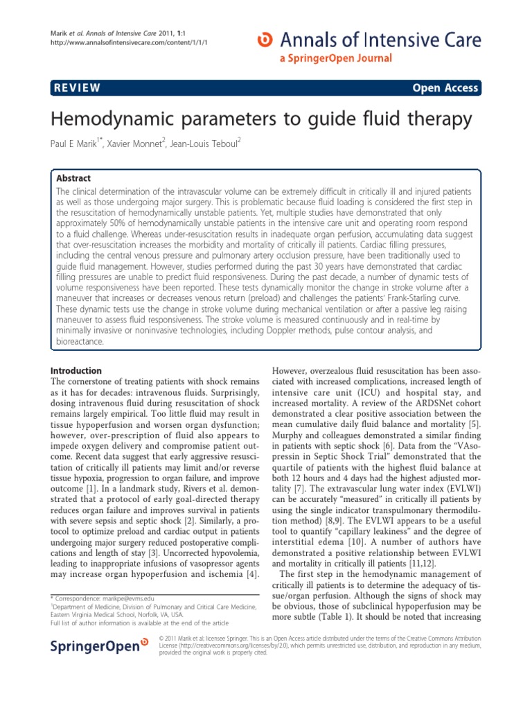 Hemodynamic Parameters To Guide Fluid Therapy: Review Open Access | PDF ...