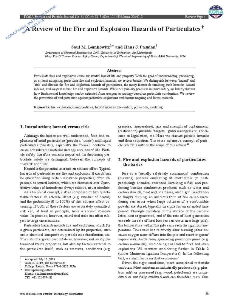 A Review of The Fire and Explosion Hazards of Particulates: and Hans J ...