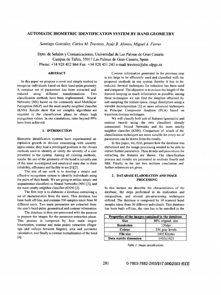 2003automatic Biometric Identification System by Hand Geometry PDF Vector Space Principal