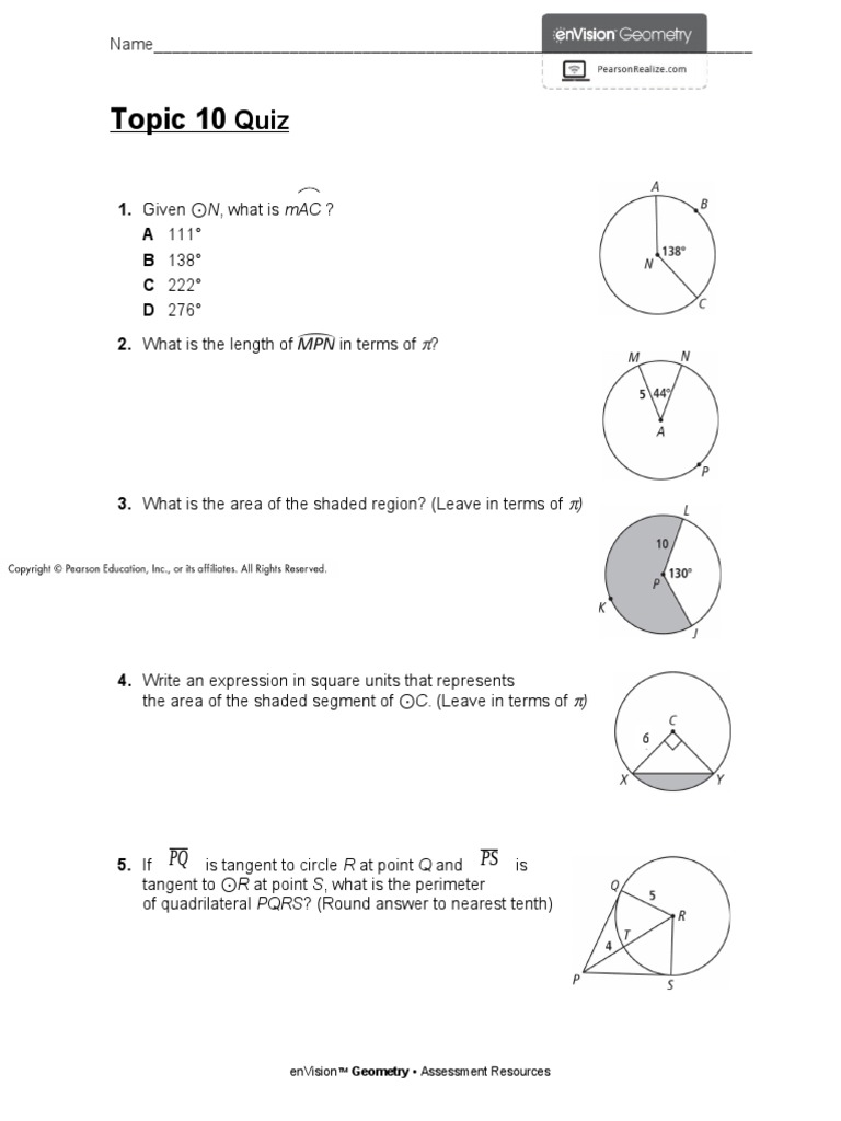 Envision geometry topic 10 quiz pdf