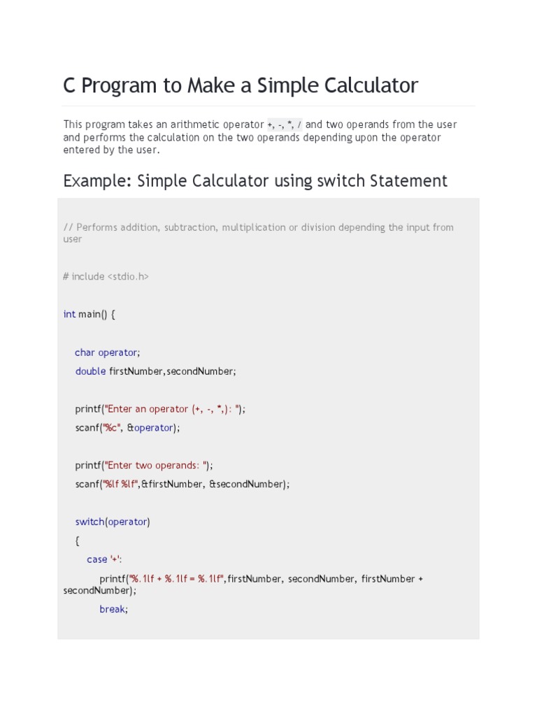 C Program To Make A Simple Calculator | PDF