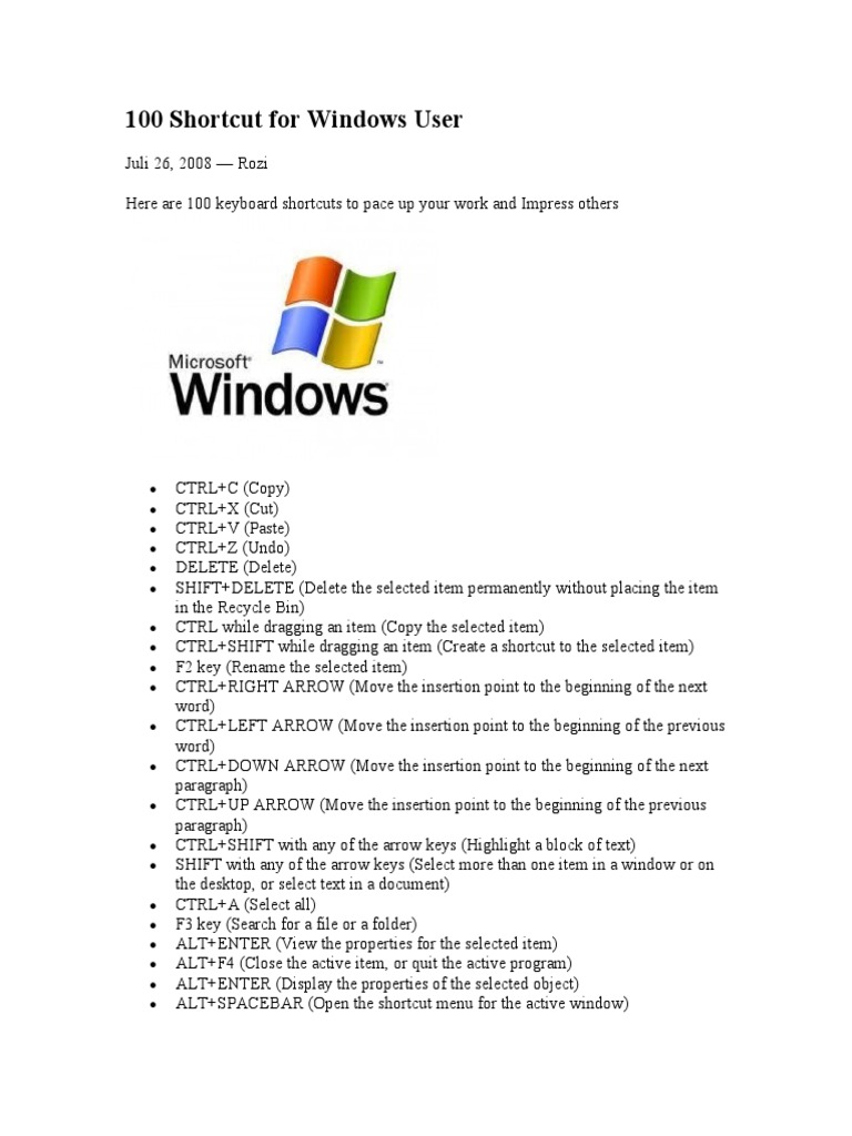 100 Shortcut For Windows | PDF | Microsoft Windows | Computer Keyboard