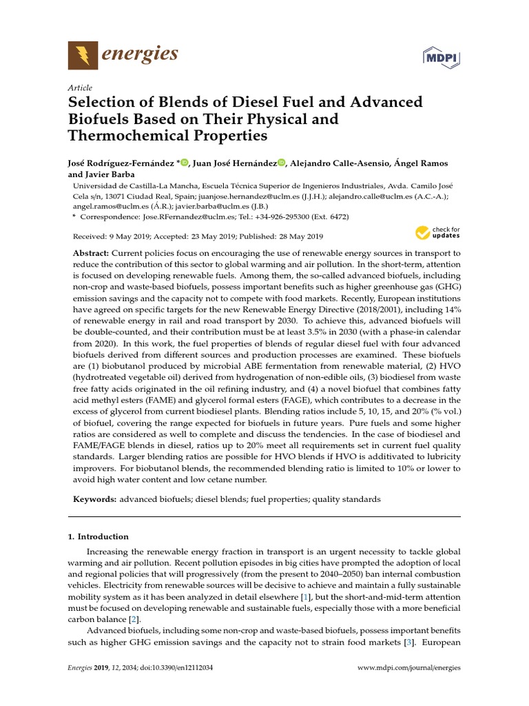 Selection of Blends of Diesel Fuel and Advanced Biofuels Based On Their ...