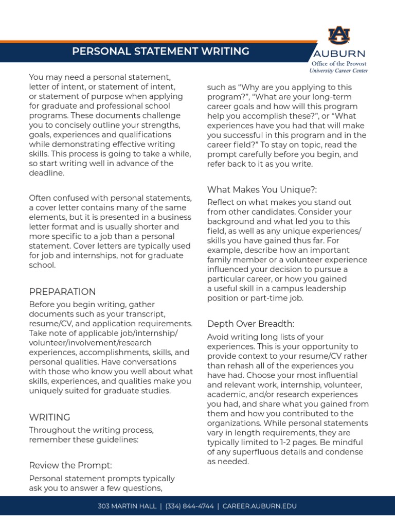 Personal Statement Writing: 303 MARTIN HALL - (334) 844-4744 - CAREER ...