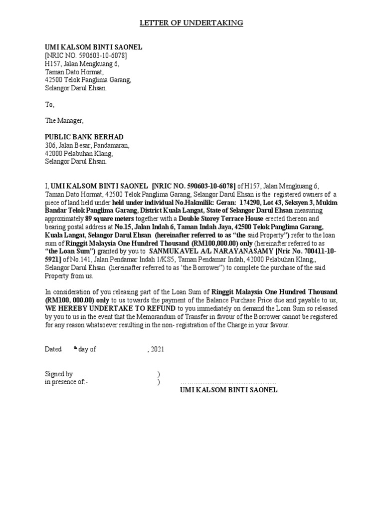 Loan Undertaking Letter Template | PDF | Finance & Money Management
